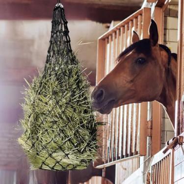 Imagem de PHWRECZ Rede de feno para alimentador de feno para cavalos com orifício de 5 cm x 5 cm para cavalos, cabras, vacas, burros, feita de corda de nylon, redes de feno de alimentação lenta para cavalos (1