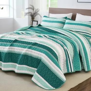 Imagem de WONGS BEDDING Colchas King Size, conjunto de cama de colcha azul-petróleo, conjunto de colcha queen com fronhas, 3 peças de colcha listrada leve para cama (279 cm x 228 cm)