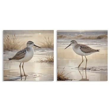 Imagem de Stupell Industries Sunlit Sandpipers Wading Shore Conjunto de arte de parede em tela de 2 peças, design de Susan Arnot, 61 x 61 cm