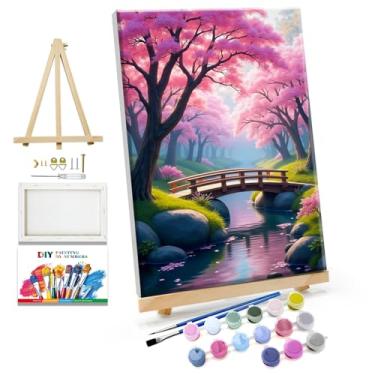 Imagem de JOOZ Kit de pintura por números para adultos com moldura flor de cerejeira kits de pintura por números em tela emoldurada ponte por número com cavalete DIY pintura a óleo por número para presente