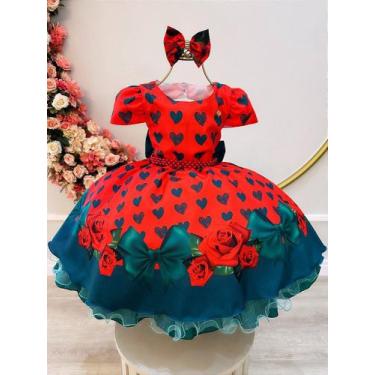 Imagem de Vestido Infantil Vermelho com Corações e Rosas com Laço para Festas - 