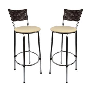 Imagem de KIT 2 Banquetas Alta Cromada Junco CAFÉ Cozinha Balcão Bancada - ESPAÇ