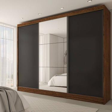 Imagem de Guarda-Roupa Casal Europa 3 Portas 4 Gavetas 100% Mdf com Espelho Castanho/Preto - Panorama Móveis