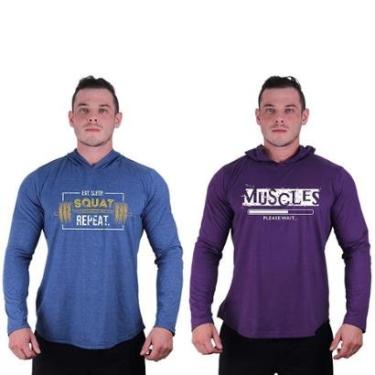Imagem de Kit 2 Camisetas Manga Longa com Touca Longline Estampada Treino Academia Lazer Casual-Masculino