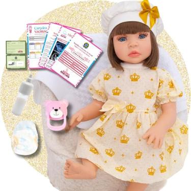 Imagem de Boneca Bebê Reborn Menina Realista em Silicone com Roupinha e Acessórios Inclusos 45 cm (Dourada)