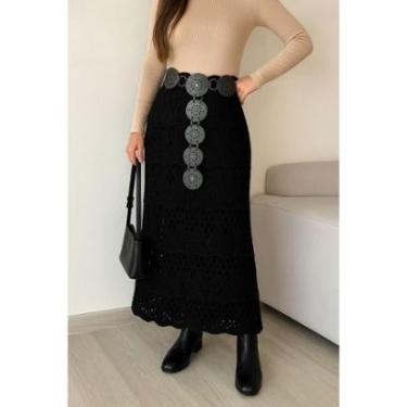 Imagem de Saia longa boho chic tricot forro detalhes moda feminina-Feminino