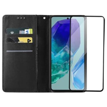 Imagem de Capa Carteira Flip Cover com Película 3D para Samsung Galaxy M55, Preta, com Compartimentos para Cartões