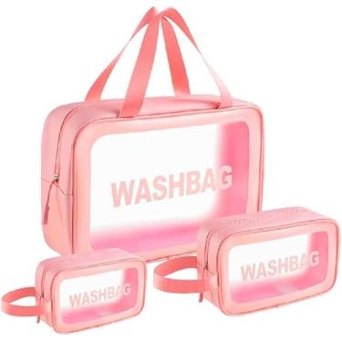 Imagem de Kit 3 Necessaire Transparente Organizador Maquiagem Bolsa Mala-Vende Mais (Rosa)