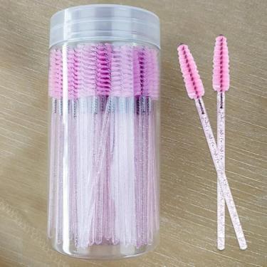 Imagem de 100 pincéis de rímel descartáveis para cílios e varinhas de substituição para extensões de cílios e pincel de sobrancelha com recipiente (rosa)