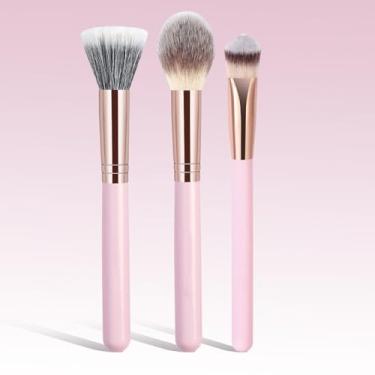 Imagem de 3 pincéis de maquiagem facial para base líquida, contorno e mistura de sombras uniformemente (rosa)
