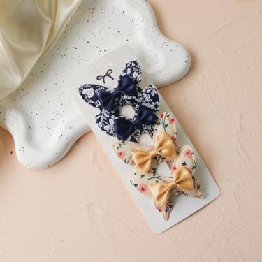 Imagem de 4 peças de laços de cabelo para mulheres, tecidos, laço, padrão de flor, presilhas de cabelo, fitas azuis bege, acessórios de grampo de cabelo grandes