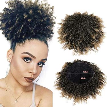 Imagem de YIBANG Peruca Afro Curta, Cacheada, Estilo Rabo De Cavalo, Com Cordão, Sintética, Chignon, Donut, Mel, Ombré, 115G, Enrolada, Dois Grampos, 1B/27#