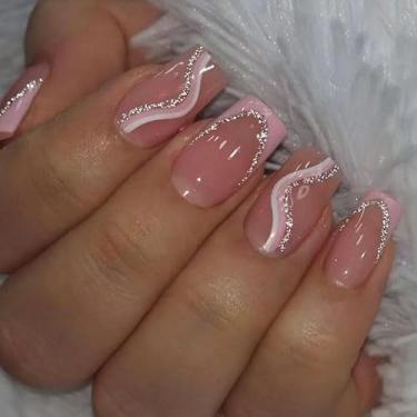 Imagem de Pregos postiços de acrílico com design de cobertura completa unhas postiças para mulheres kit de unhas reutilizáveis com abas adesivas de cola de geleia lixa de unha (onda glitter francês)