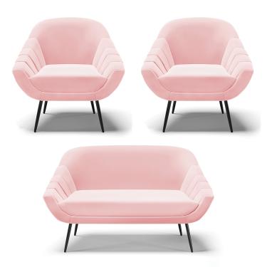 Imagem de Kit 01 Namoradeira 02 Lugares e 02 Poltronas Giovana Suede Rosa Bebê Pés Palito De Ferro - D'Rossi