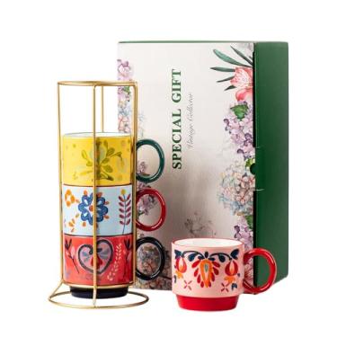 Imagem de ONECCI Canecas de café de cerâmica empilháveis florais - Conjunto de 4 com suporte, copos de porcelana multicoloridos de 354 g para latte, cappuccino, chá, cacau quente - Seguro para lava-louças e