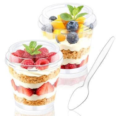 Imagem de ALEXPRE Copos de sobremesa de 170 g com tampas e colheres 180 peças | Serve 60 | Mini copos redondos descartáveis de plástico para iogurte, parfait, pudim, mousse