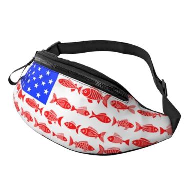 Imagem de Pochete bolsa de cintura ajustável para homens, mulheres, viagens, caminhadas, ciclismo, corrida, Peixe bandeira americana, One Size