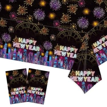 Imagem de LDFDRT Pacote com 2 toalhas de mesa descartáveis de feliz ano novo 137 x 272 cm, artigos de festa de ano novo, capas de mesa à prova d'água para decorações de ano novo