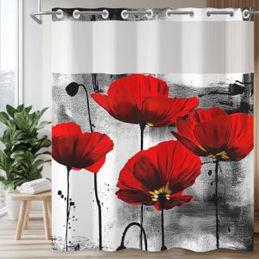 Imagem de Cortinas de chuveiro sem gancho, cortina de chuveiro floral vermelha cinza à prova d'água com conjunto de forro de encaixe, cortina de chuveiro retrô com flores abstratas, janela superior de malha