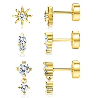 Imagem de 3 pares de brincos de ouro para vários piercings de aço inoxidável, cartilagem delicada, tragus, zircônia cúbica branca, standard, Aço inoxidável, Sem pedra preciosa