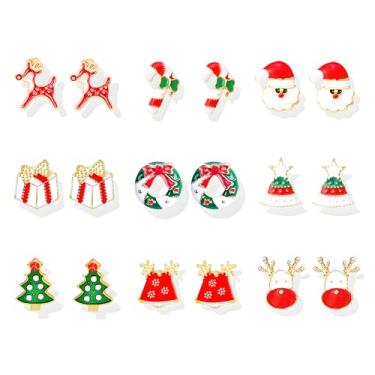 Imagem de 9 pares de brincos femininos de Natal, lindo conjunto de guirlandas de árvore de Natal para crianças, adolescentes, meninas, joias criativas, presentes hipoalergênicos