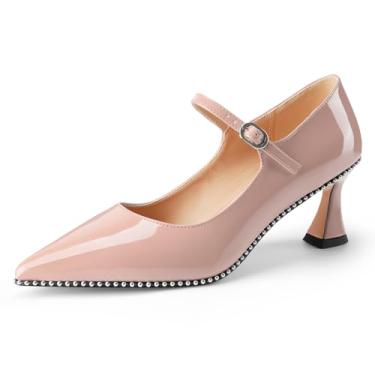 Imagem de Perisis Sapato feminino com salto fino fechado salto Mary Jane salto salto gatinho tira no tornozelo com contas elegantes 5 cm, Rosa bebê, 36