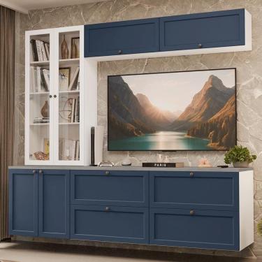 Imagem de Estante Sala De Estar Com Rack + Cristaleira 230cm Vik Madesa 01 Branco-azul
