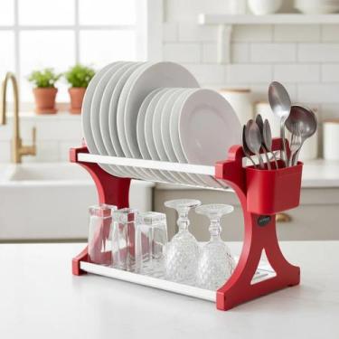 Imagem de Escorredor de Louça 16 Pratos Vermelho em aço Inox Alto com Porta Talh
