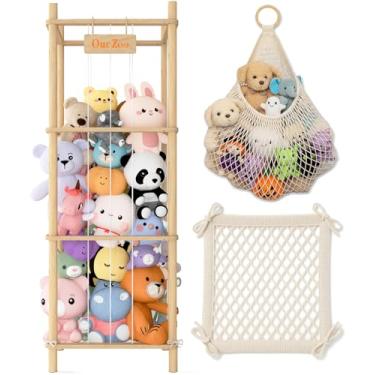 Imagem de Auoleru Organizador ou armazenamento de animais de pelúcia, gaiola de zoológico de madeira com rede de pelúcia e fundo de rede para sala de jogos infantis, quarto