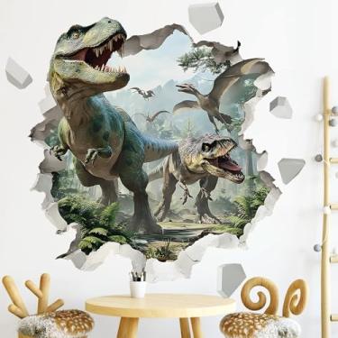 Imagem de Adesivos de parede de dinossauros grandes 3D, decoração de arte de dinossauro, decalques de parede de dinossauro da selva para crianças, meninos, berçário, quarto, sala de jogos, creche, sala de aula