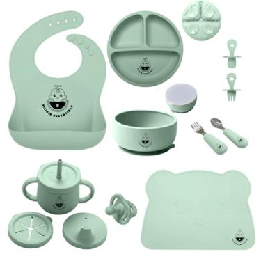 Imagem de SiliKid Essential Conjunto de 15 peças de silicone para alimentação do bebê – Kit completo para refeições infantis com placa de sucção, tigela, babadores, utensílios, copos e mais – Sem BPA
