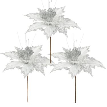 Imagem de Master Christmas - Jogo 3 Pick Natalino Flor Bico de Papagaio Prata Borda Glitter Luxo 25cm x 16cm