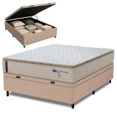 Imagem de Cama Box Baú Casal Probel Molas Ensacadas Pillow Top 138x188x71cm Guarda Costas Genova Branco/Bege
