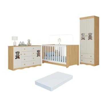 Imagem de Quarto de Bebê Completo Berço Americano 3 em 1 Colchão Doçura Multimóveis Mp4674 Madeirado/off White