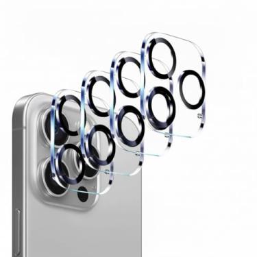 Imagem de Pacote com 4 protetores de lente de câmera para iPhone 15 Pro de 6,1 polegadas e iPhone 15 Pro Max de 6,7 polegadas, vidro temperado 9H, ultra HD, resistente a arranhões, fácil de instalar, compatível