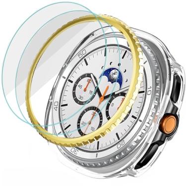 Imagem de DEALELE [Pacote com 2+2 capas protetoras de vidro temperado compatível com Samsung Galaxy Watch 8 Classic 46 mm, anel de bisel de metal com capa protetora transparente e protetor de tela de vidro