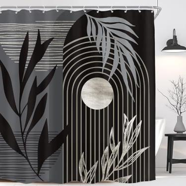 Imagem de KOMLLEX Cortina de chuveiro Boho cinza preta para decoração de banheiro 182 cm L x 192 cm altura Boêmio Meados do Século Minimalista Folhas de Palmeira Planta Tecido Abstrato Tecido Impermeável
