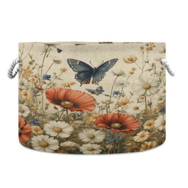 Imagem de Blueangle Cesta de armazenamento de flores silvestres e borboletas de 50,8 cm P x 35,5 cm A – Cesto de lavanderia dobrável extragrande, organizador de brinquedos redondo e armazenamento doméstico à