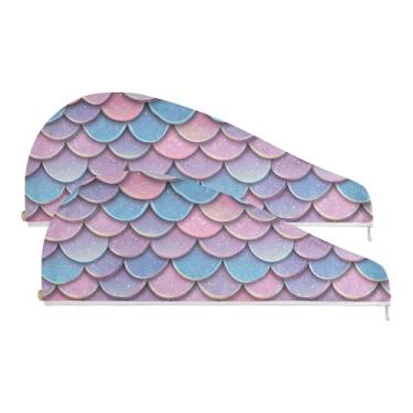 Imagem de SEHANY Toalha de cabelo de microfibra roxa pálida escamas de sereia para mulheres, 2 peças, turbantes de cabelo de secagem rápida com botão, touca de cabelo seco absorvente toalha de secagem de cabelo