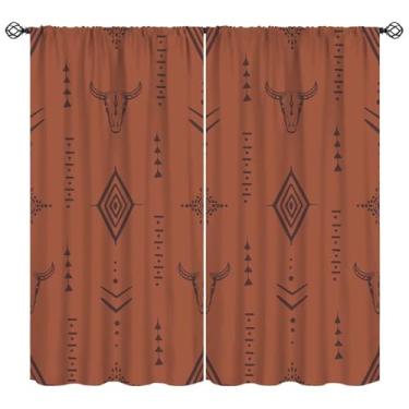 Imagem de Cortinas astecas de caveira de touro ocidental, boho, estética de vaca, crânio, marrom escuro, decoração abstrata, tratamento de janela, para meninos, quarto, cozinha, café, varão, bolso, cortinas