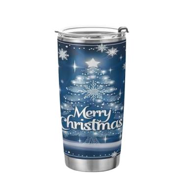 Imagem de YETTASBIN Copo de árvore de Natal com tampa de palha, copo de aço inoxidável de 590 ml, parede dupla, isolada a vácuo, caneca de café de viagem para bebidas quentes e frias