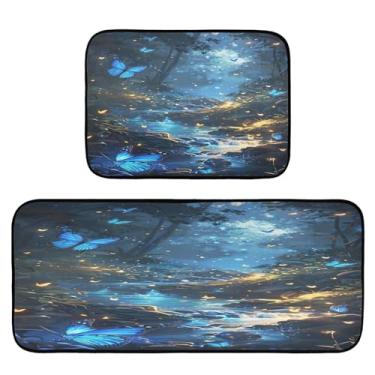 Imagem de Wassud Tapetes de cozinha com borboletas azuis brilhantes para chão, decoração de casa, tapetes de cozinha acolchoados, antifadiga, tapetes de cozinha, antiderrapante, lavável, itens essenciais