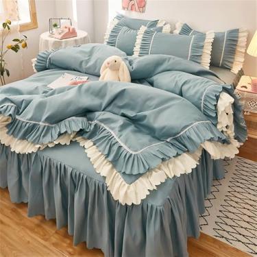 Imagem de XLCZMYL Jogo de cama de renda rosa com babados e saia de cama de luxo, colcha de edredom para meninas, fronhas, azul, para cama de 1,5 m, 4 peças