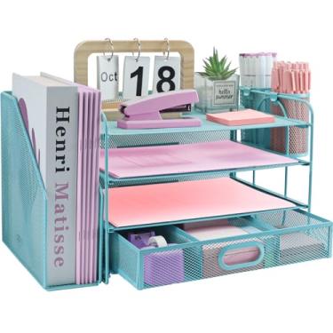Imagem de ideallife Organizadores de mesa e acessórios com suporte de arquivo, organizador de bandeja de papel de 4 camadas com gaveta e 2 porta-canetas, organizador de documentos de mesa de malha para material