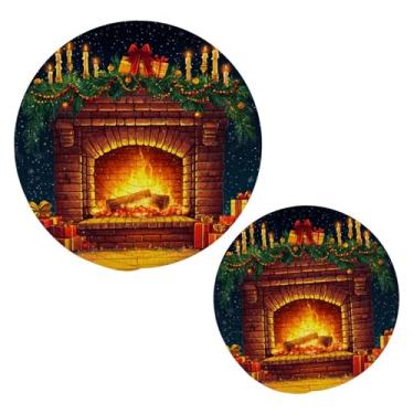 Imagem de Wassud Conjunto de trivet decorado com lareira de Natal para pratos quentes, suportes redondos de algodão, almofadas quentes, porta-copos elegantes, decoração de cozinha e acessórios, 2 peças