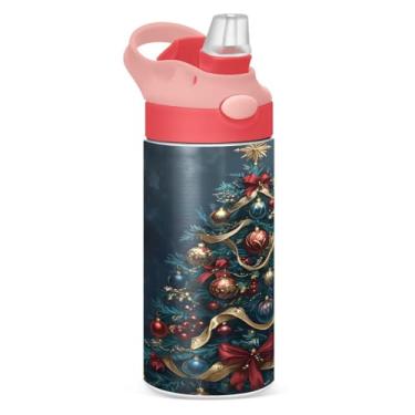 Imagem de YETTASBIN Garrafa de água de árvore de Natal para crianças, 340 g, à prova de vazamento, parede dupla, isolada, copo de viagem com tampa de canudo para meninas, meninos e crianças