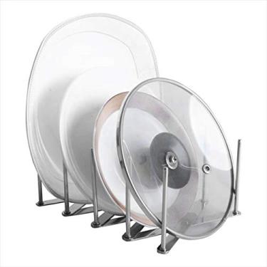 Imagem de Organizador de Utensílios Cozinha Rack Apoio para Tampa Panela e Prato Aço Inoxidável 4 Seções Comprimento Ajustável Extensível Multifuncional Montado