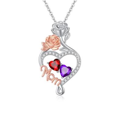 Imagem de WYDDO Colar com coração e amor, pedra do mês de nascimento duplo, joia de flor de rosa, aniversário dos namorados, presente de Natal para avó, esposa, mãe, Base, Zircônia cúbica