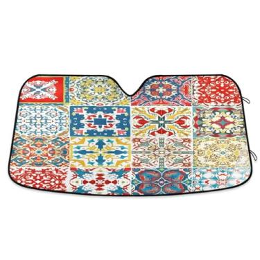 Imagem de Qilmy Para-brisa de carro, protetor de viseira dobrável com padrão de azulejo de cerâmica mexicana, mantém fresco, bloqueia raios UV e acessórios para proteger carros, SUVs, caminhões-(L) 396