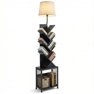 Imagem de ZEXVIDA Estante de 6 camadas com abajur oval, estante de armário de armazenamento com portas e luzes para sala de estar, quarto, escritório de estudo (preto)